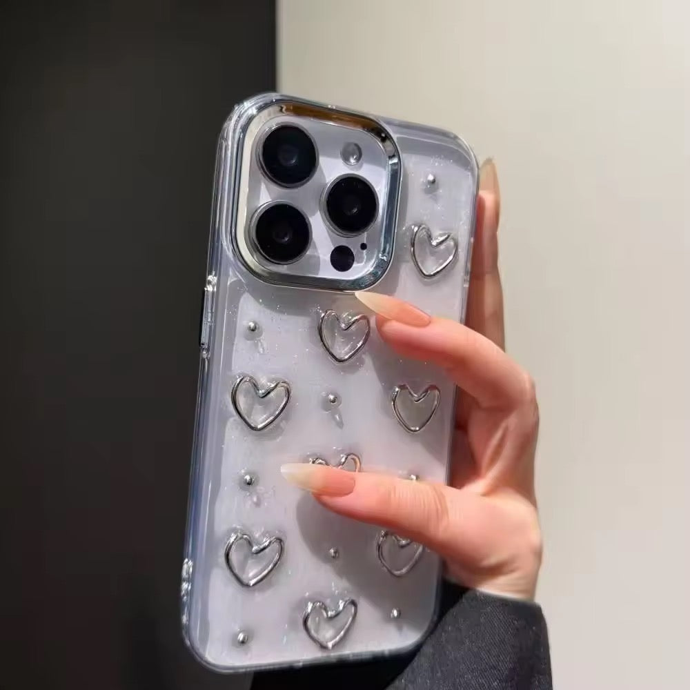 Protective Apple iPhone Back Cover - 3D Glitter Silver Heart Transparent iPhone Soft Case - Style 8