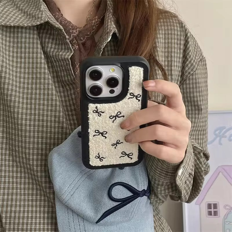 Protective Apple iPhone Back Cover - Cute Black Bow Winter Fur Fabric Plush iPhone Silicone Case - Style 5