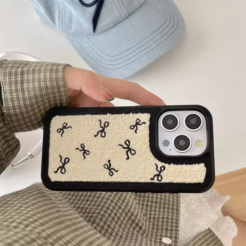 Protective Apple iPhone Back Cover - Cute Black Bow Winter Fur Fabric Plush iPhone Silicone Case - Style 3