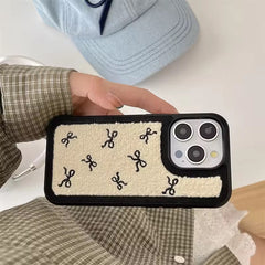 Cute Black Bow Winter Fur Fabric Plush iPhone Silicone Case