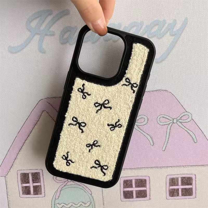 Protective Apple iPhone Back Cover - Cute Black Bow Winter Fur Fabric Plush iPhone Silicone Case - Style 4