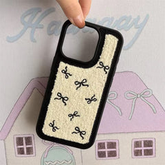 Cute Black Bow Winter Fur Fabric Plush iPhone Silicone Case