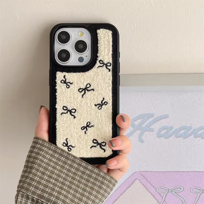 Protective Apple iPhone Back Cover - Cute Black Bow Winter Fur Fabric Plush iPhone Silicone Case - Style 2