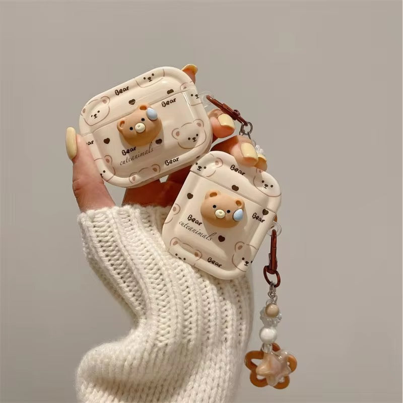 3D Brown Bear Airpod Case With Lanyard