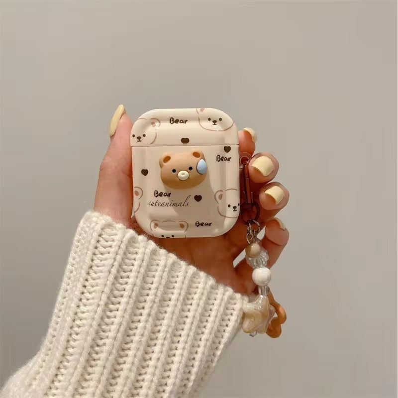 3D Brown Bear Airpod Case With Lanyard