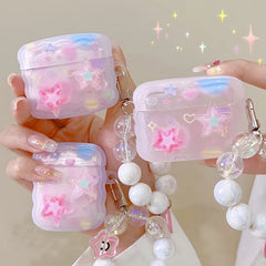 Cute Pink Stars Wavy Silicone Airpod With Lanyard