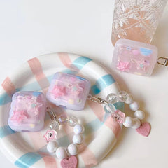 Cute Pink Stars Wavy Silicone Airpod With Lanyard