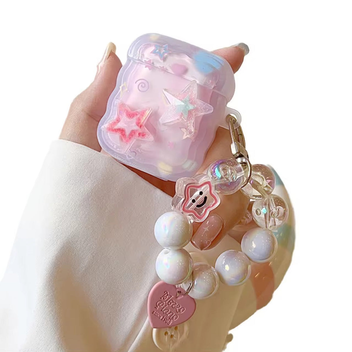 Cute Pink Stars Wavy Silicone Airpod With Lanyard