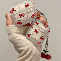Korean Cute Bow Cherry Airpod Silicone Case With Lanyard
