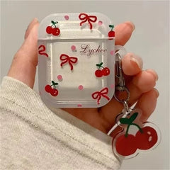 Korean Cute Bow Cherry Airpod Silicone Case With Lanyard
