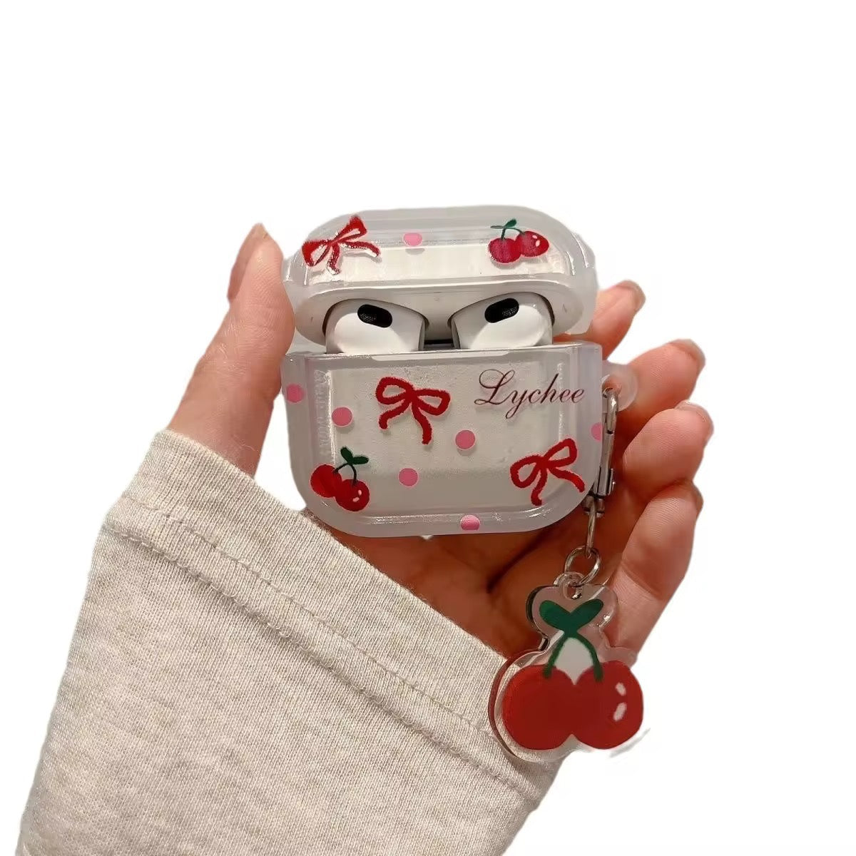 Korean Cute Bow Cherry Airpod Silicone Case With Lanyard Mobile Case by CoverMeUp - Style 3