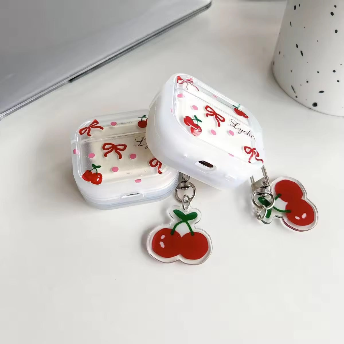 Korean Cute Bow Cherry Airpod Silicone Case With Lanyard Mobile Case by CoverMeUp - Style 4