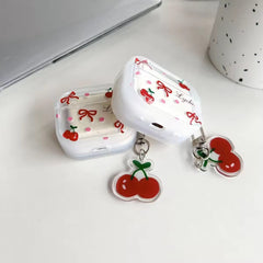 Korean Cute Bow Cherry Airpod Silicone Case With Lanyard