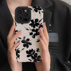 Protective Apple iPhone Back Cover - New Black Floral Flowers on White Textured iPhone Soft Silicone Case - Style 2