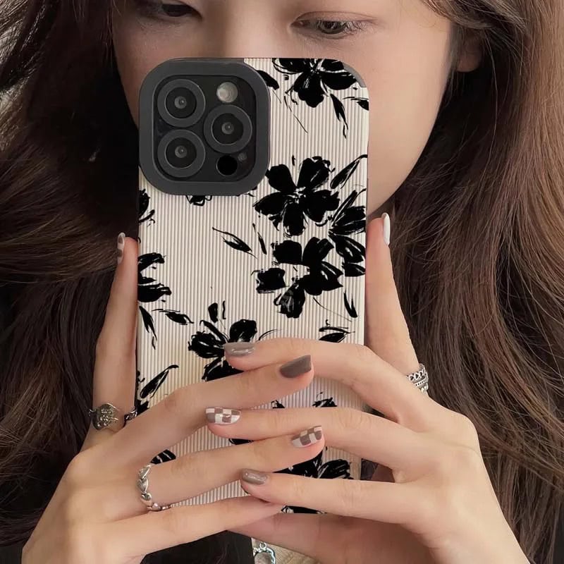 New Black Floral Flowers on White Textured iPhone Soft Silicone Case