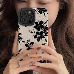 New Black Floral Flowers on White Textured iPhone Soft Silicone Case