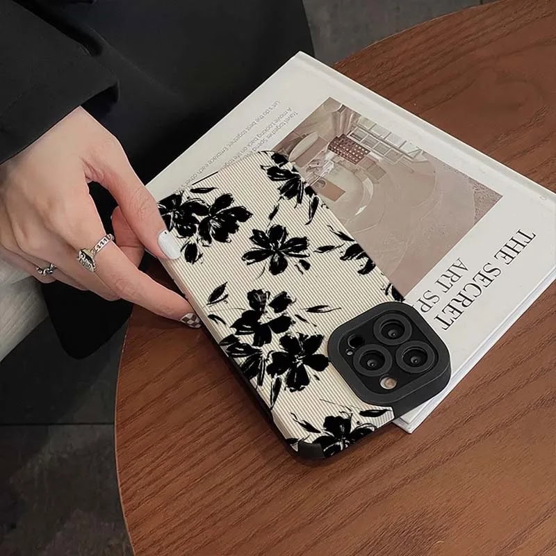 New Black Floral Flowers on White Textured iPhone Soft Silicone Case