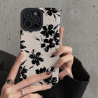 Protective Apple iPhone Back Cover - New Black Floral Flowers on White Textured iPhone Soft Silicone Case