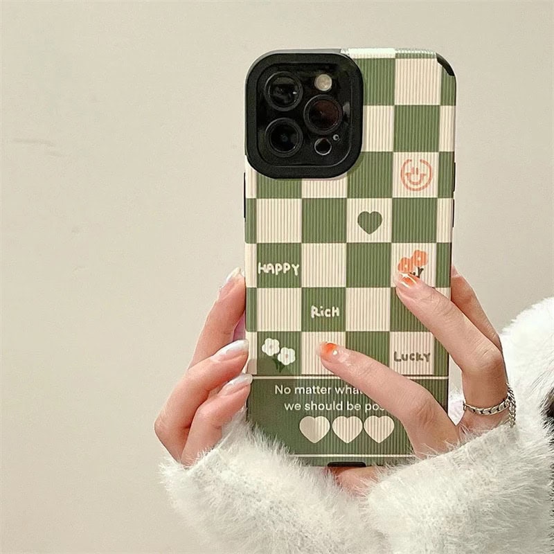 Protective Apple iPhone Back Cover - Green White Checks Textured iPhone Soft Silicone Case - Style 5