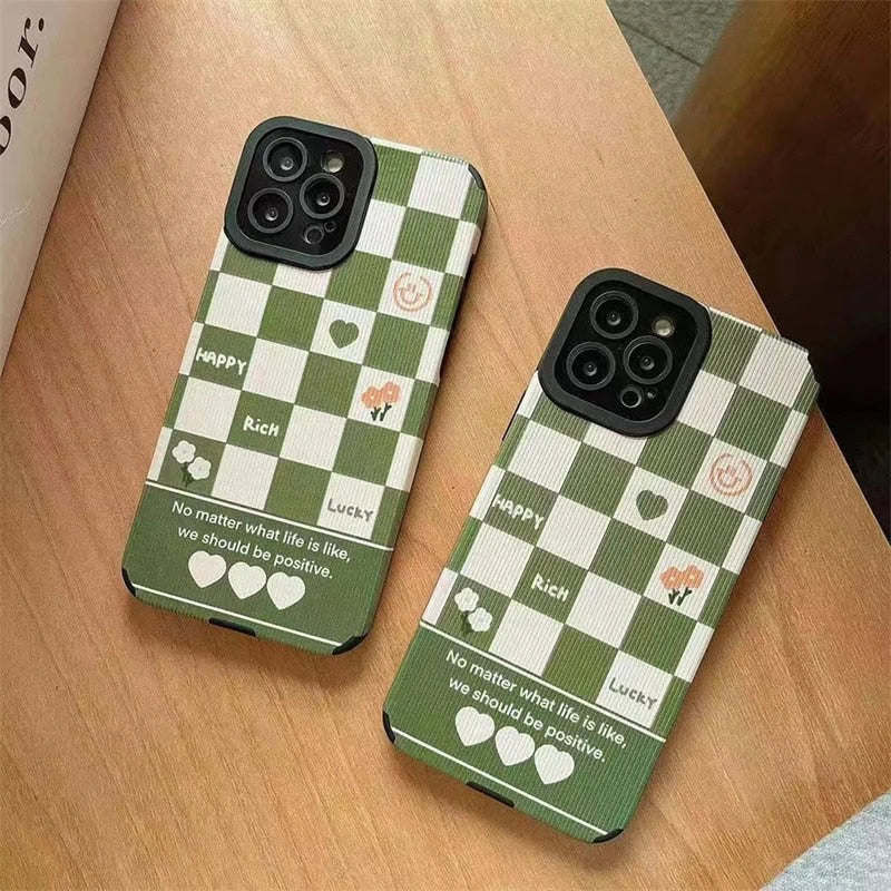 Protective Apple iPhone Back Cover - Green White Checks Textured iPhone Soft Silicone Case