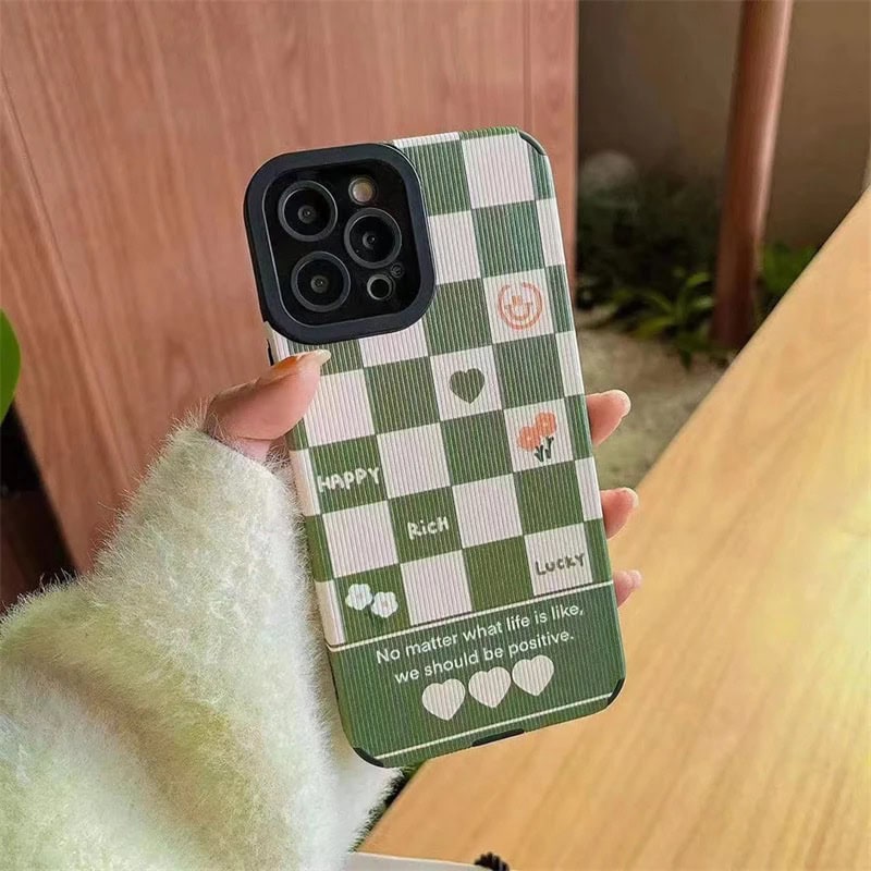 Protective Apple iPhone Back Cover - Green White Checks Textured iPhone Soft Silicone Case - Style 2