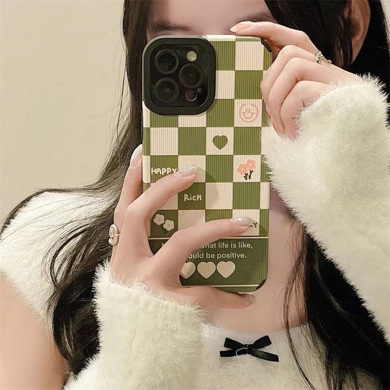 Protective Apple iPhone Back Cover - Green White Checks Textured iPhone Soft Silicone Case - Style 4