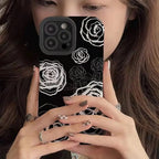 Protective Apple iPhone Back Cover - White Rose On Black Textured iPhone Soft Silicone Case - Style 3