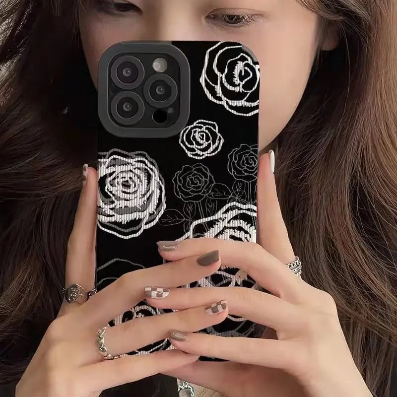 Protective Apple iPhone Back Cover - White Rose On Black Textured iPhone Soft Silicone Case - Style 3