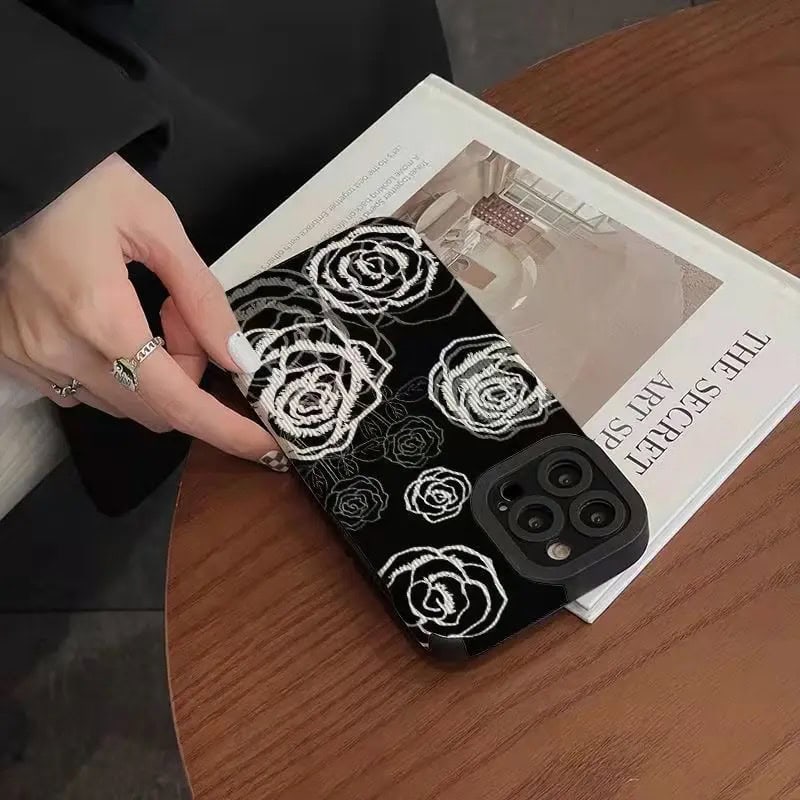 Protective Apple iPhone Back Cover - White Rose On Black Textured iPhone Soft Silicone Case - Style 5