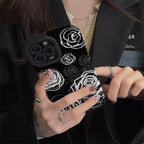 Protective Apple iPhone Back Cover - White Rose On Black Textured iPhone Soft Silicone Case - Style 4