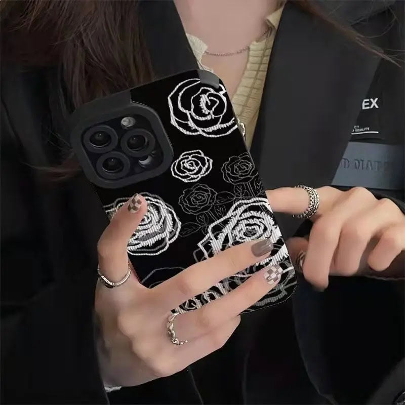 Protective Apple iPhone Back Cover - White Rose On Black Textured iPhone Soft Silicone Case - Style 4