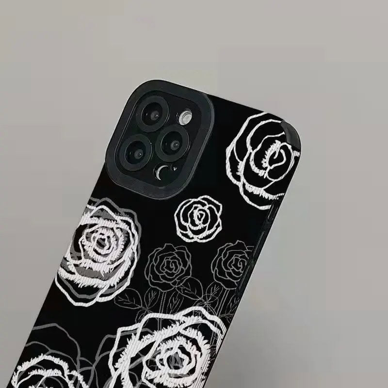Protective Apple iPhone Back Cover - White Rose On Black Textured iPhone Soft Silicone Case - Style 2