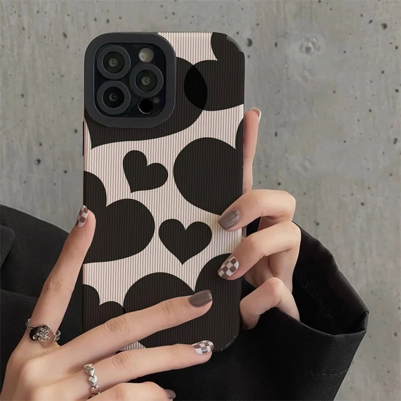 Protective Apple iPhone Back Cover - Black Hearts White Textured iPhone Soft Silicone Case - Style 2