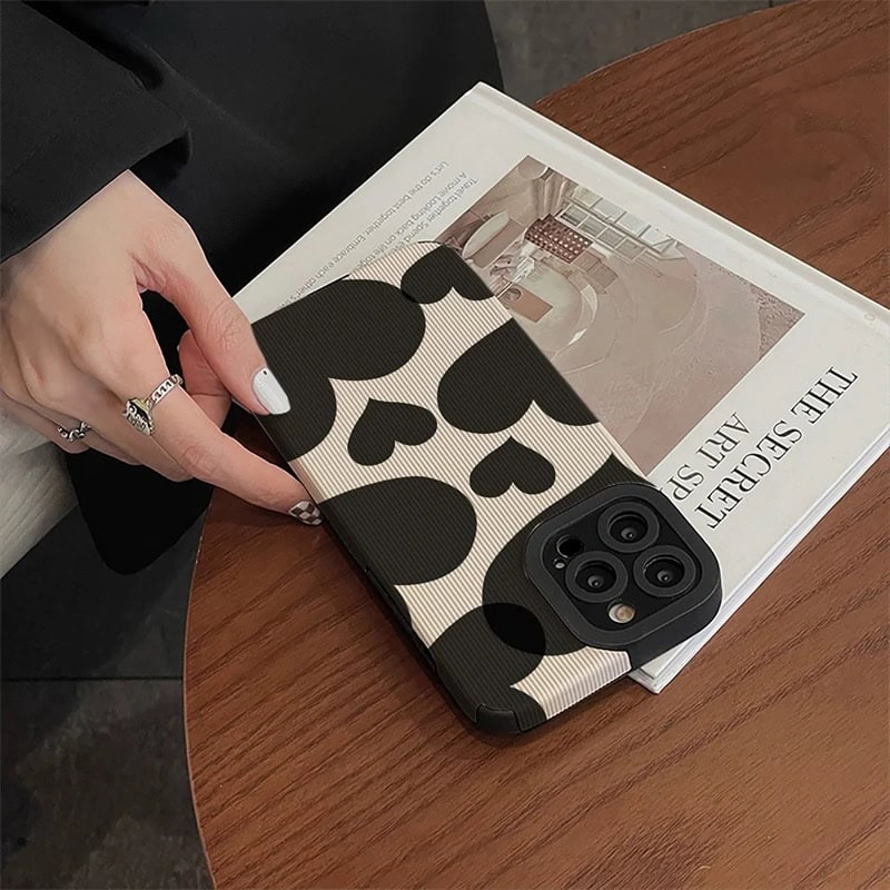Protective Apple iPhone Back Cover - Black Hearts White Textured iPhone Soft Silicone Case - Style 4