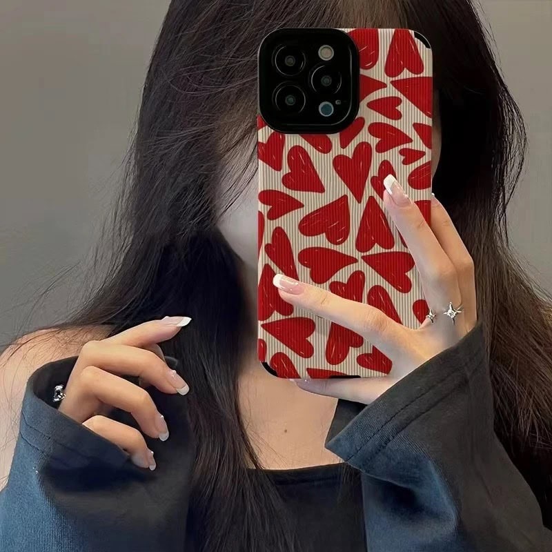 Protective Apple iPhone Back Cover - Red Many Hearts Textured iPhone Soft Silicone Case - Style 4
