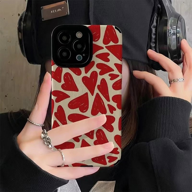 Protective Apple iPhone Back Cover - Red Many Hearts Textured iPhone Soft Silicone Case - Style 2