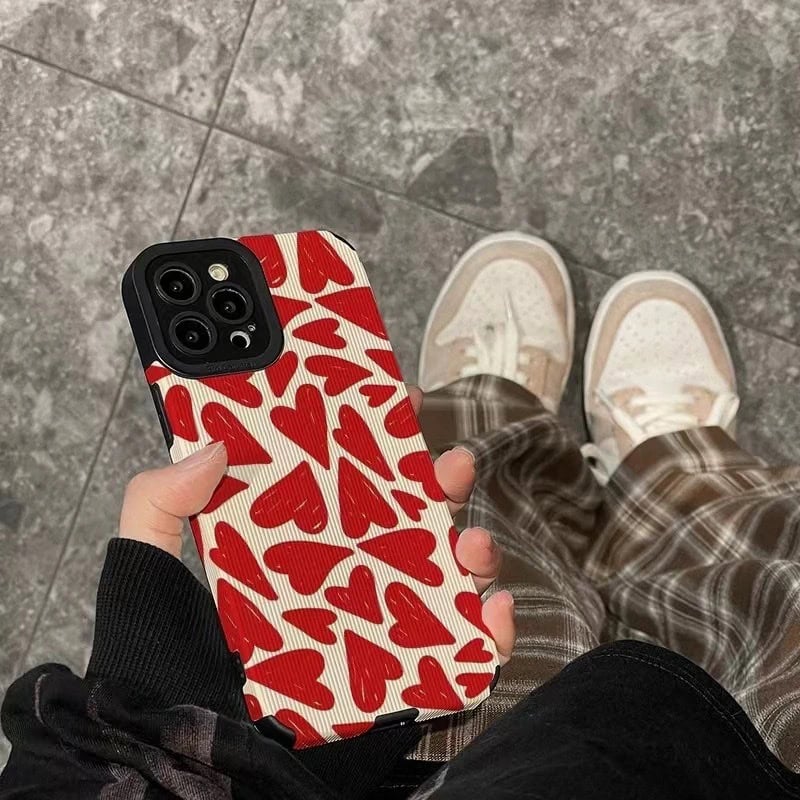 Protective Apple iPhone Back Cover - Red Many Hearts Textured iPhone Soft Silicone Case - Style 3