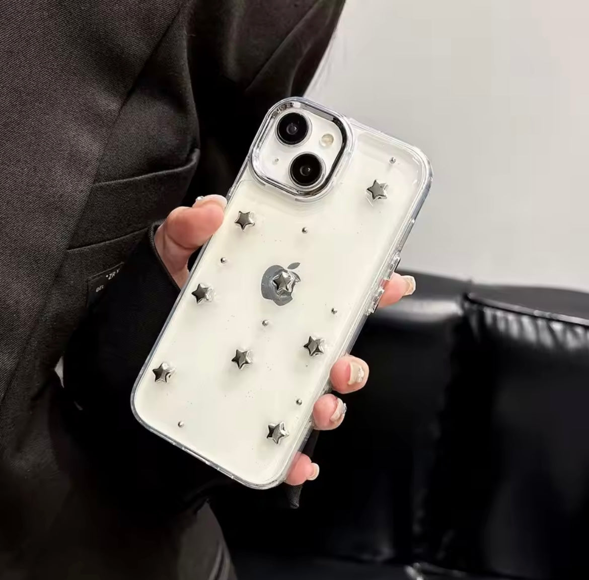 Protective Apple iPhone Back Cover - 3D Glitter Silver Star Transparent iPhone Case