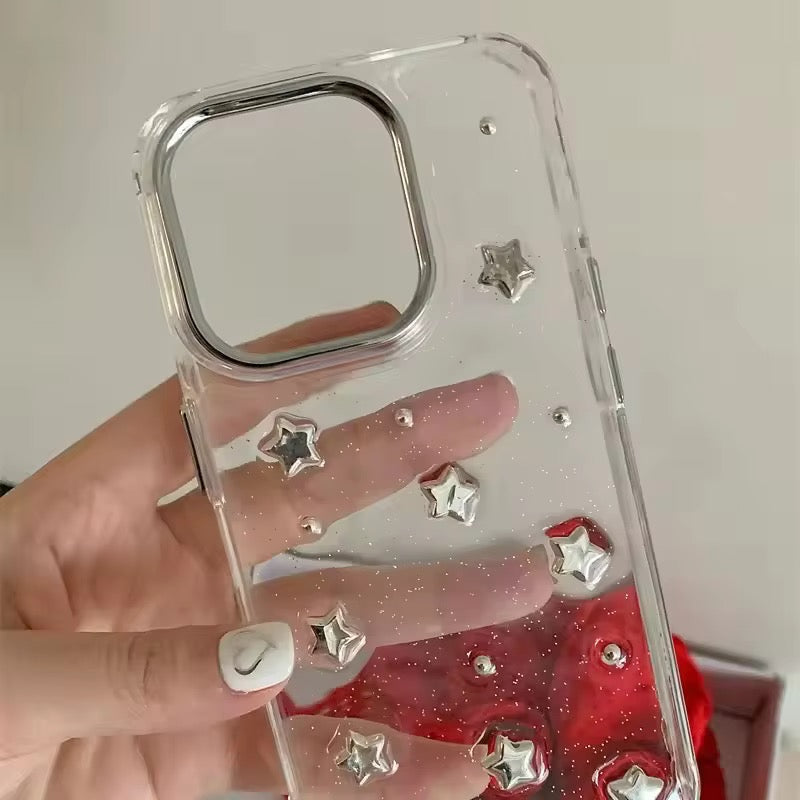 Protective Apple iPhone Back Cover - 3D Glitter Silver Star Transparent iPhone Case - Style 2