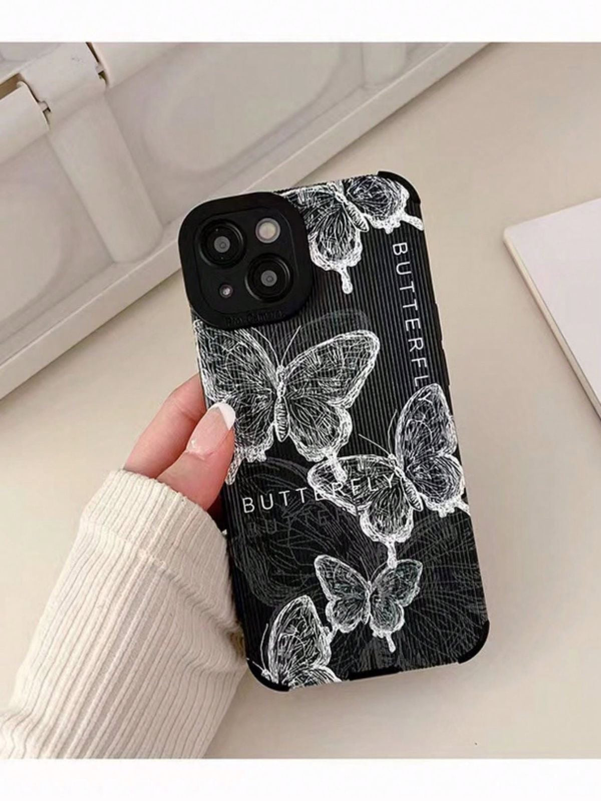 Protective Apple iPhone Back Cover - Black White Butterflies Textured iPhone Soft Silicone Case - Style 2