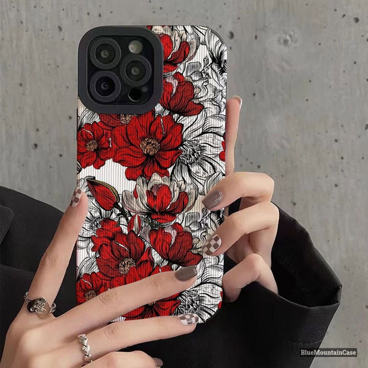 Protective Apple iPhone Back Cover - Red Rose White Florals Textured iPhone Soft Silicone Case