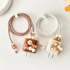 Protective Apple iPhone Back Cover - 3D Cute Chocolate Teddy Bear Bow Trendy iPhone Adapter Charger Cable Wire Protector Set - Style 3