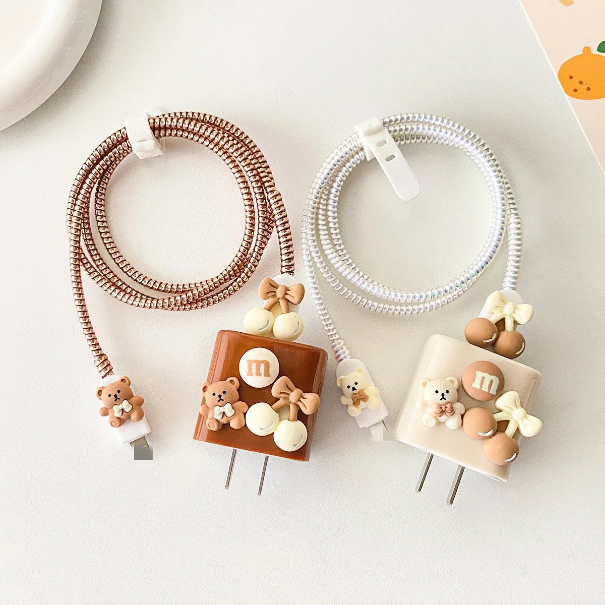 Protective Apple iPhone Back Cover - 3D Cute Chocolate Teddy Bear Bow Trendy iPhone Adapter Charger Cable Wire Protector Set - Style 3