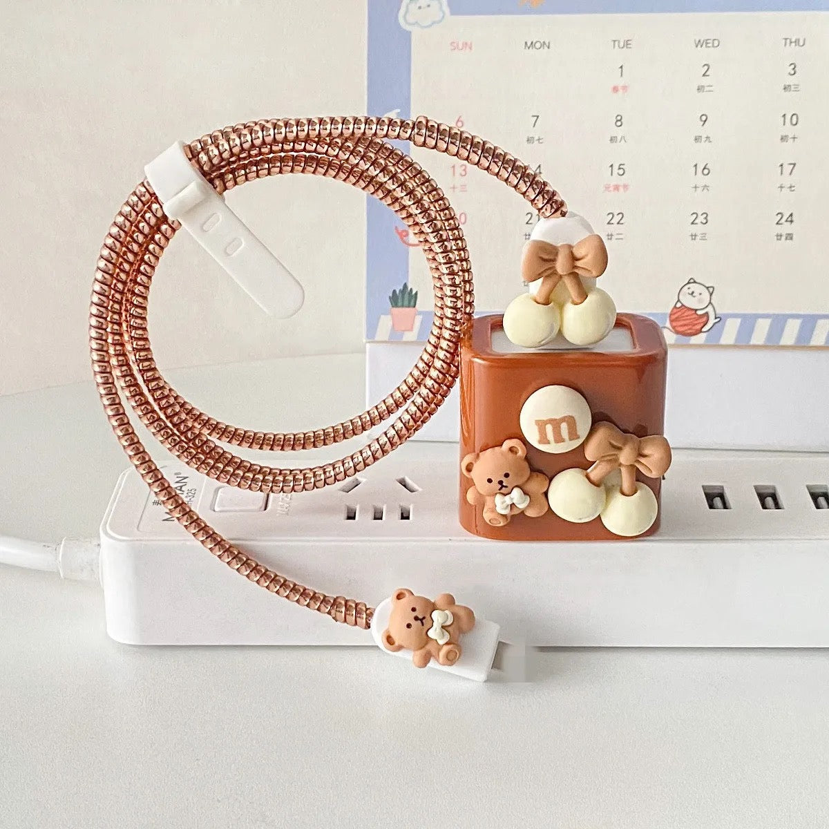 Protective Apple iPhone Back Cover - 3D Cute Chocolate Teddy Bear Bow Trendy iPhone Adapter Charger Cable Wire Protector Set - Style 4