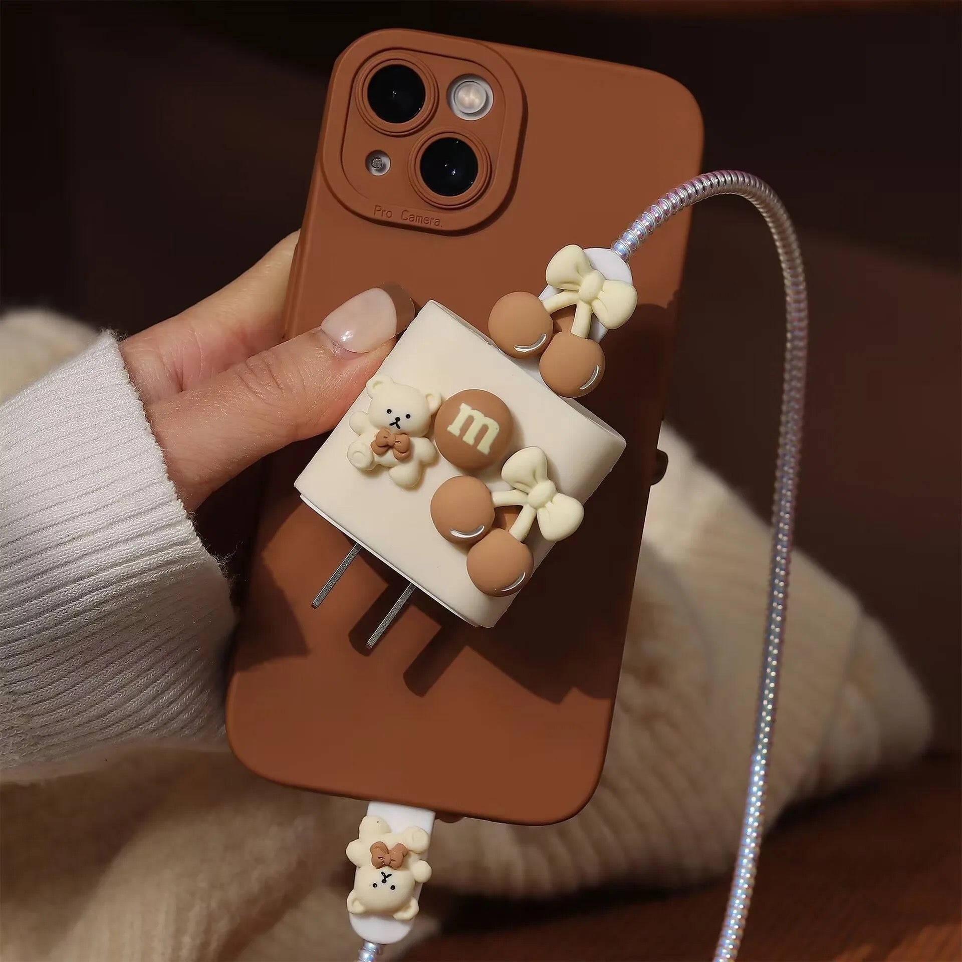 Protective Apple iPhone Back Cover - 3D Cute Chocolate Teddy Bear Bow Trendy iPhone Adapter Charger Cable Wire Protector Set - Style 2