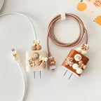 Protective Apple iPhone Back Cover - 3D Cute Chocolate Teddy Bear Bow Trendy iPhone Adapter Charger Cable Wire Protector Set