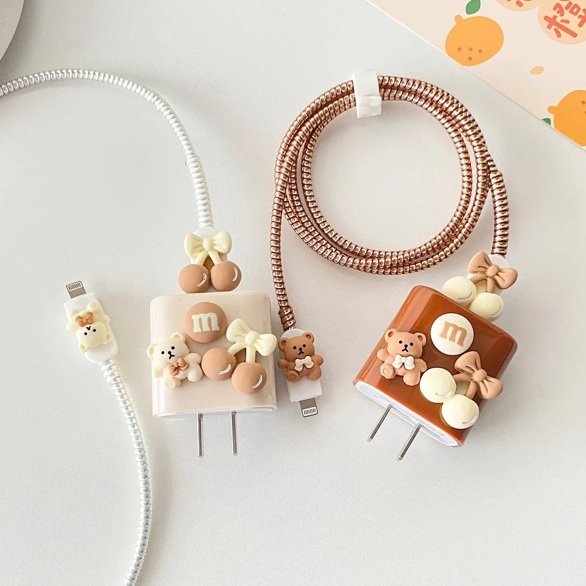 Protective Apple iPhone Back Cover - 3D Cute Chocolate Teddy Bear Bow Trendy iPhone Adapter Charger Cable Wire Protector Set