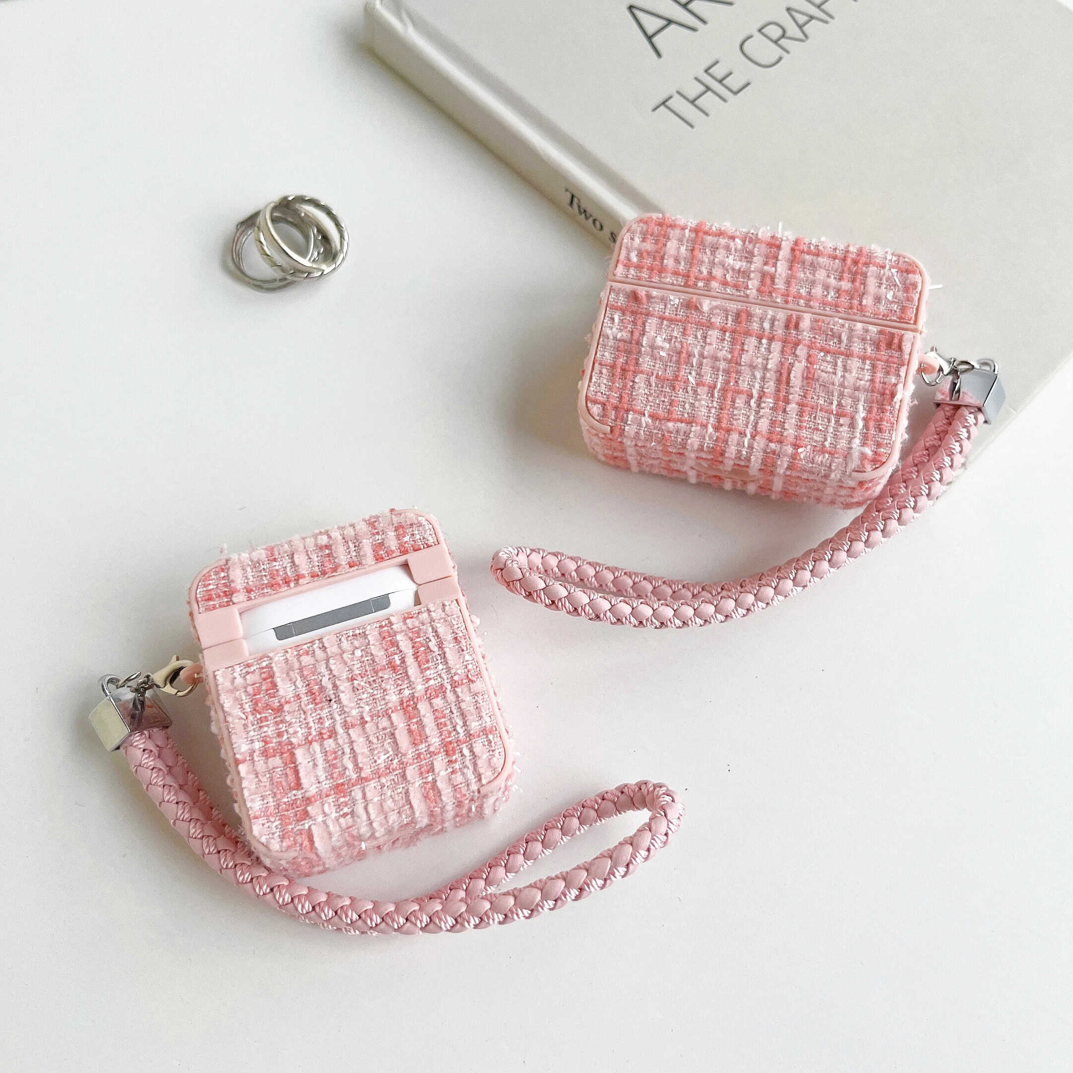 Fabric Square Design Airpod Case With Holder Charm