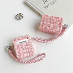 Fabric Square Design Airpod Case With Holder Charm