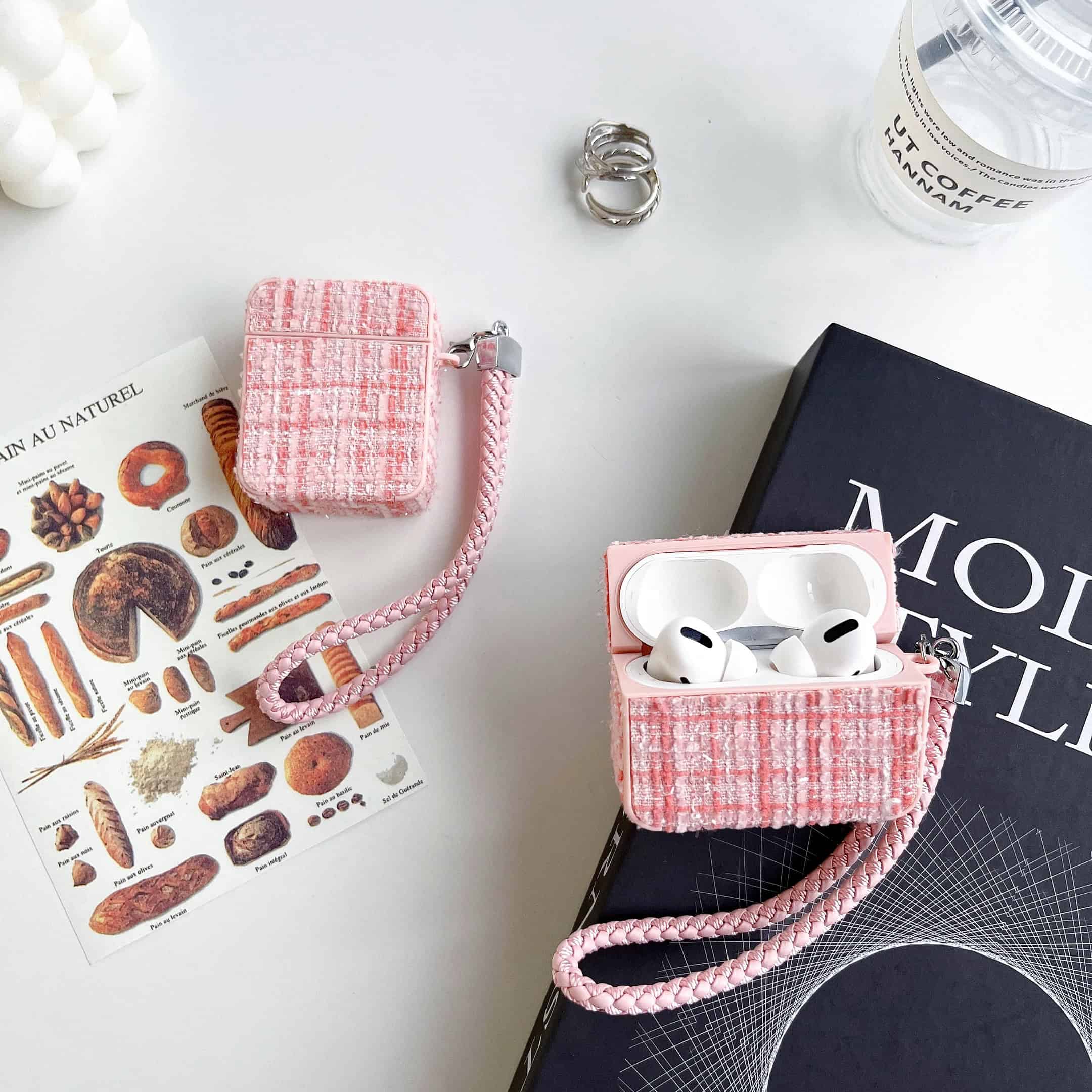 Fabric Square Design Airpod Case With Holder Charm
